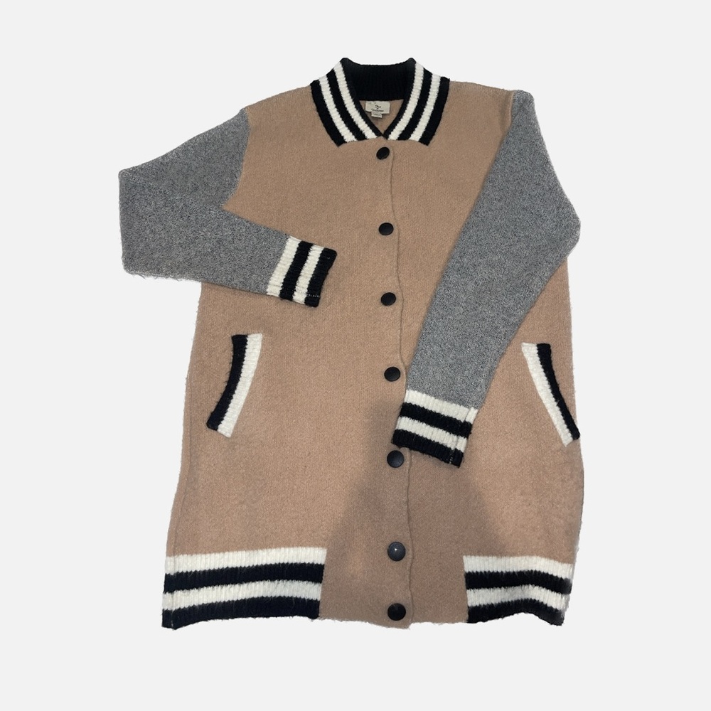 Baseball style sweater duster jacket with striped embellishment